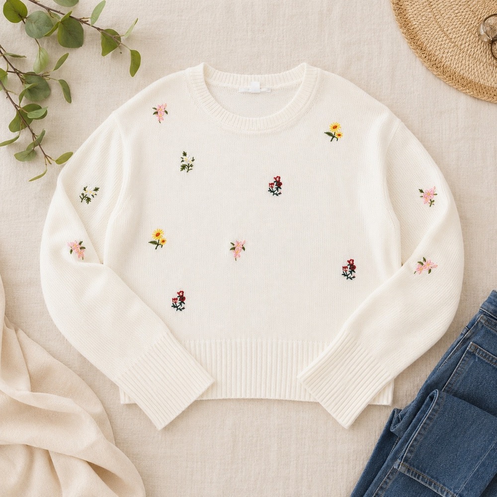 Brit.Ny Floral Embroidered Sweater Womens XL White Cotton Crew Neck Cottagecore